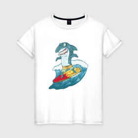 Женская футболка хлопок с принтом Акула Серфер в Санкт-Петербурге, 100% хлопок | прямой крой, круглый вырез горловины, длина до линии бедер, слегка спущенное плечо | лето | серфинг | спорт
