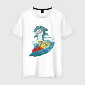 Мужская футболка хлопок с принтом Акула Серфер в Санкт-Петербурге, 100% хлопок | прямой крой, круглый вырез горловины, длина до линии бедер, слегка спущенное плечо. | лето | серфинг | спорт