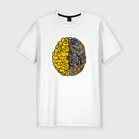 Мужская футболка хлопок Slim с принтом Мозг в Санкт-Петербурге, 92% хлопок, 8% лайкра | приталенный силуэт, круглый вырез ворота, длина до линии бедра, короткий рукав | бизнес | бизнесмен | механика | механический | мозг | мозги | с мозгами | смарт | ум
