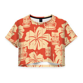Женская футболка 3D укороченная с принтом Гавайские маски в Санкт-Петербурге, 100% полиэстер | круглая горловина, длина футболки до линии талии, рукава с отворотами | Тематика изображения на принте: идол | паттерн | цветы