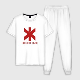 Мужская пижама хлопок с принтом TRAUMA TEAM \ CYBERPUNK 2077 в Санкт-Петербурге, 100% хлопок | брюки и футболка прямого кроя, без карманов, на брюках мягкая резинка на поясе и по низу штанин
 | 2019 | cd project red | cyberpunk 2077 | future | hack | night city | samurai | sci fi | trauma team | андроиды | безумие | будущее | город ночи | киберпанк 2077 | логотип | роботы | самураи | фантастика | цифры