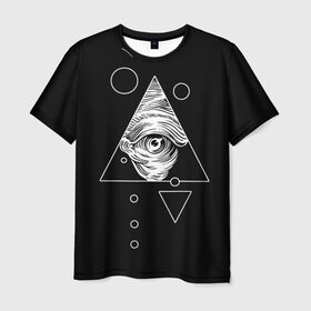 Мужская футболка 3D с принтом Всевидящее око в Санкт-Петербурге, 100% полиэфир | прямой крой, круглый вырез горловины, длина до линии бедер | Тематика изображения на принте: tattoo | в треугольнике | всевидящее око | всевидящий глаз | зрачок | пирамида | тату