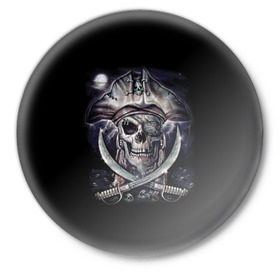 Значок с принтом Череп пирата в Санкт-Петербурге,  металл | круглая форма, металлическая застежка в виде булавки | пират | скелет | череп | черепа