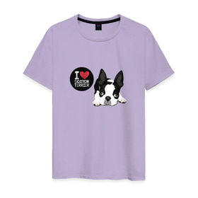 Мужская футболка хлопок с принтом Я люблю Бостон Терьер в Санкт-Петербурге, 100% хлопок | прямой крой, круглый вырез горловины, длина до линии бедер, слегка спущенное плечо. | boston | бостон терьер | с собакой | собака | собаки | собачка | я люблю