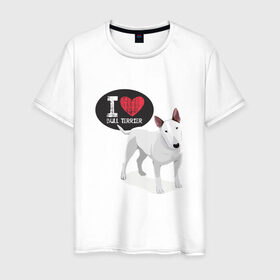 Мужская футболка хлопок с принтом Я люблю Бультерьера в Санкт-Петербурге, 100% хлопок | прямой крой, круглый вырез горловины, длина до линии бедер, слегка спущенное плечо. | bull terrier | буль | буль терьер | бультерьер | с бультерьером | с собакой | собака | собаки | я люблю
