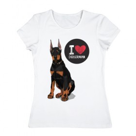 Женская футболка хлопок с принтом Я люблю Добермана в Санкт-Петербурге, 100% хлопок | прямой крой, круглый вырез горловины, длина до линии бедер, слегка спущенное плечо | Тематика изображения на принте: доберман | с доберманом | собака | собаки | собачки | я люблю