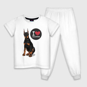 Детская пижама хлопок с принтом Я люблю Добермана в Санкт-Петербурге, 100% хлопок |  брюки и футболка прямого кроя, без карманов, на брюках мягкая резинка на поясе и по низу штанин
 | Тематика изображения на принте: доберман | с доберманом | собака | собаки | собачки | я люблю