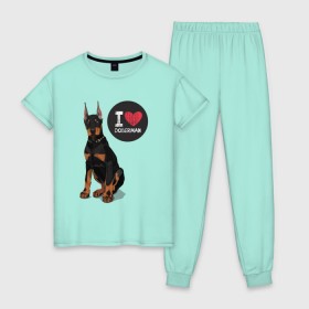 Женская пижама хлопок с принтом Я люблю Добермана в Санкт-Петербурге, 100% хлопок | брюки и футболка прямого кроя, без карманов, на брюках мягкая резинка на поясе и по низу штанин | доберман | с доберманом | собака | собаки | собачки | я люблю