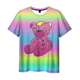 Мужская футболка 3D с принтом Мишка Lil Peep в Санкт-Петербурге, 100% полиэфир | прямой крой, круглый вырез горловины, длина до линии бедер | gbc | hip hop | lil peep | love | pink | rap | лил пип | лилпип | медведь | медвежонок | мишка | реп | розовый | рэп | тату | трэп | хип хоп | эмо