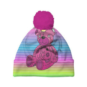 Шапка 3D c помпоном с принтом Мишка Lil Peep в Санкт-Петербурге, 100% полиэстер | универсальный размер, печать по всей поверхности изделия | gbc | hip hop | lil peep | love | pink | rap | лил пип | лилпип | медведь | медвежонок | мишка | реп | розовый | рэп | тату | трэп | хип хоп | эмо