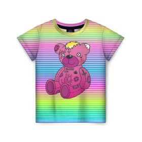 Детская футболка 3D с принтом Мишка Lil Peep в Санкт-Петербурге, 100% гипоаллергенный полиэфир | прямой крой, круглый вырез горловины, длина до линии бедер, чуть спущенное плечо, ткань немного тянется | gbc | hip hop | lil peep | love | pink | rap | лил пип | лилпип | медведь | медвежонок | мишка | реп | розовый | рэп | тату | трэп | хип хоп | эмо