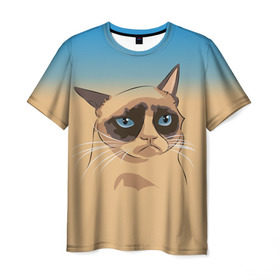 Мужская футболка 3D с принтом Grumpy cat ART в Санкт-Петербурге, 100% полиэфир | прямой крой, круглый вырез горловины, длина до линии бедер | Тематика изображения на принте: cat | grumpy | грустный кот | киса | кот | котэ | котяра | кошка | мем | сердитый кот