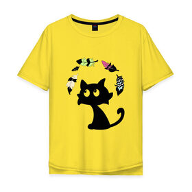 Мужская футболка хлопок Oversize с принтом Котик и перья в Санкт-Петербурге, 100% хлопок | свободный крой, круглый ворот, “спинка” длиннее передней части | Тематика изображения на принте: воздушный | девушкам. детям | животное | забавный | кот | котейка | котёнок | котик | кошка | летать | милый | перо | пёрышко | чёрный кот