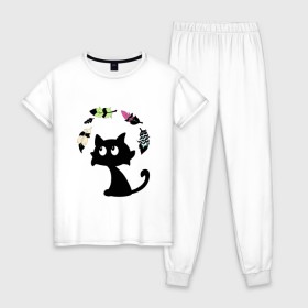 Женская пижама хлопок с принтом Котик и перья в Санкт-Петербурге, 100% хлопок | брюки и футболка прямого кроя, без карманов, на брюках мягкая резинка на поясе и по низу штанин | воздушный | девушкам. детям | животное | забавный | кот | котейка | котёнок | котик | кошка | летать | милый | перо | пёрышко | чёрный кот