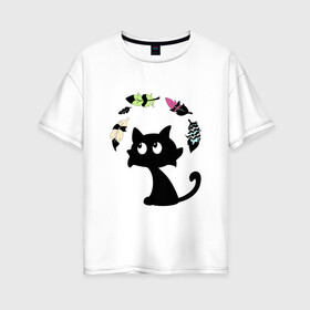 Женская футболка хлопок Oversize с принтом Котик и перья в Санкт-Петербурге, 100% хлопок | свободный крой, круглый ворот, спущенный рукав, длина до линии бедер
 | воздушный | девушкам. детям | животное | забавный | кот | котейка | котёнок | котик | кошка | летать | милый | перо | пёрышко | чёрный кот