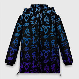 Женская зимняя куртка 3D с принтом Blue runes в Санкт-Петербурге, верх — 100% полиэстер; подкладка — 100% полиэстер; утеплитель — 100% полиэстер | длина ниже бедра, силуэт Оверсайз. Есть воротник-стойка, отстегивающийся капюшон и ветрозащитная планка. 

Боковые карманы с листочкой на кнопках и внутренний карман на молнии | freeform | shadowhunters | доминик шервуд | клэри фрэй | кэтрин макнамара | фэнтази
