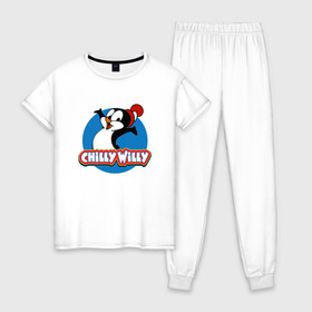 Женская пижама хлопок с принтом Чилли Вилли в Санкт-Петербурге, 100% хлопок | брюки и футболка прямого кроя, без карманов, на брюках мягкая резинка на поясе и по низу штанин | chili vili | chilli willi | chilly willy | пингвин | пингвиненок | чили вили | чилли вилли