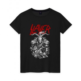 Женская футболка хлопок с принтом Slayer в Санкт-Петербурге, 100% хлопок | прямой крой, круглый вырез горловины, длина до линии бедер, слегка спущенное плечо | slayer | гэри холт | керри кинг | пол бостаф | рок группа | слаер | слайер | слеар | слеер | слейр | слеяр | том арайа | хеви