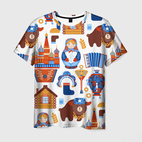 Мужская футболка 3D с принтом Традиционный поп арт в Санкт-Петербурге, 100% полиэфир | прямой крой, круглый вырез горловины, длина до линии бедер | pop art | style | балалайка | матрешка | медведь | поп арт | яркие | яркое
