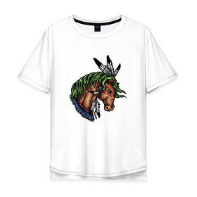 Мужская футболка хлопок Oversize с принтом Лошадь в Санкт-Петербурге, 100% хлопок | свободный крой, круглый ворот, “спинка” длиннее передней части | индеец | инди | кони | лошади | лошадь | перья