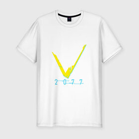 Мужская футболка премиум с принтом V   CYBERPUNK 2077 в Санкт-Петербурге, 92% хлопок, 8% лайкра | приталенный силуэт, круглый вырез ворота, длина до линии бедра, короткий рукав | 