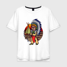 Мужская футболка хлопок Oversize с принтом Индеец в Санкт-Петербурге, 100% хлопок | свободный крой, круглый ворот, “спинка” длиннее передней части | ацтек | ацтеки | индеец | индейцы | инди | коренные американцы | перья