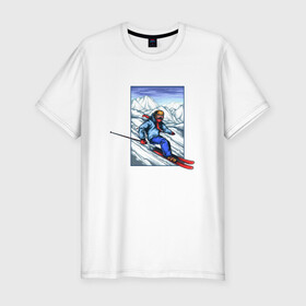 Мужская футболка хлопок Slim с принтом Лыжный Спорт в Санкт-Петербурге, 92% хлопок, 8% лайкра | приталенный силуэт, круглый вырез ворота, длина до линии бедра, короткий рукав | Тематика изображения на принте: гора | горнолыжные | горнолыжный | горы | лыжи | на лыжах | с лыжами | спорт | спуск | спуск с горы