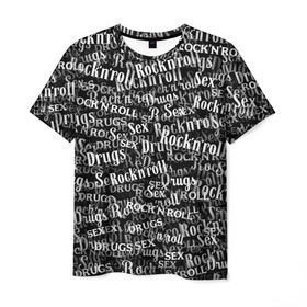 Мужская футболка 3D с принтом Sex, Drugs & Rock`n`Roll в Санкт-Петербурге, 100% полиэфир | прямой крой, круглый вырез горловины, длина до линии бедер | jack daniel’s | белый | паттерн | рок | рок н ролл | рокнролл | текст | черный