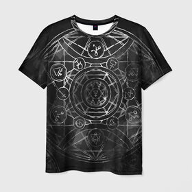 Мужская футболка 3D с принтом Black Alchemy в Санкт-Петербурге, 100% полиэфир | прямой крой, круглый вырез горловины, длина до линии бедер | alchemy | art | black | circles | design | lines | metal dark | runes | алхимия | арт | блэк метал | линии | метал | руны | черный