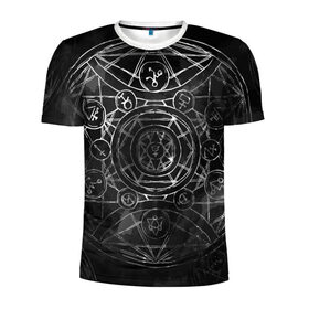 Мужская футболка 3D спортивная с принтом Black Alchemy в Санкт-Петербурге, 100% полиэстер с улучшенными характеристиками | приталенный силуэт, круглая горловина, широкие плечи, сужается к линии бедра | alchemy | art | black | circles | design | lines | metal dark | runes | алхимия | арт | блэк метал | линии | метал | руны | черный