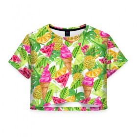 Женская футболка 3D укороченная с принтом Летнее настроение в Санкт-Петербурге, 100% полиэстер | круглая горловина, длина футболки до линии талии, рукава с отворотами | summer | зелень | листья | море | пляж | тропики | фруткты | цветы
