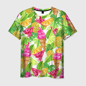 Мужская футболка 3D с принтом Летнее настроение в Санкт-Петербурге, 100% полиэфир | прямой крой, круглый вырез горловины, длина до линии бедер | summer | зелень | листья | море | пляж | тропики | фруткты | цветы