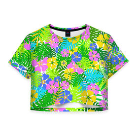 Женская футболка 3D укороченная с принтом Летнее настроение в Санкт-Петербурге, 100% полиэстер | круглая горловина, длина футболки до линии талии, рукава с отворотами | гавайи | зелень | лето | листья | тропики | цветы