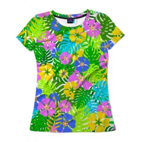 Женская футболка 3D с принтом Летнее настроение в Санкт-Петербурге, 100% полиэфир ( синтетическое хлопкоподобное полотно) | прямой крой, круглый вырез горловины, длина до линии бедер | гавайи | зелень | лето | листья | тропики | цветы