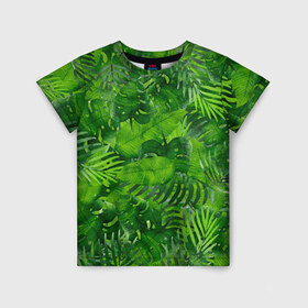 Детская футболка 3D с принтом Тропики в Санкт-Петербурге, 100% гипоаллергенный полиэфир | прямой крой, круглый вырез горловины, длина до линии бедер, чуть спущенное плечо, ткань немного тянется | джунгли | зелень | лес | листья | тропики