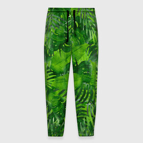 Мужские брюки 3D с принтом Тропики в Санкт-Петербурге, 100% полиэстер | манжеты по низу, эластичный пояс регулируется шнурком, по бокам два кармана без застежек, внутренняя часть кармана из мелкой сетки | джунгли | зелень | лес | листья | тропики