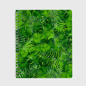 Тетрадь с принтом Тропики в Санкт-Петербурге, 100% бумага | 48 листов, плотность листов — 60 г/м2, плотность картонной обложки — 250 г/м2. Листы скреплены сбоку удобной пружинной спиралью. Уголки страниц и обложки скругленные. Цвет линий — светло-серый
 | джунгли | зелень | лес | листья | тропики