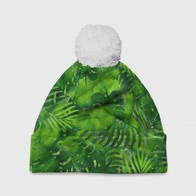 Шапка 3D c помпоном с принтом Тропики в Санкт-Петербурге, 100% полиэстер | универсальный размер, печать по всей поверхности изделия | джунгли | зелень | лес | листья | тропики