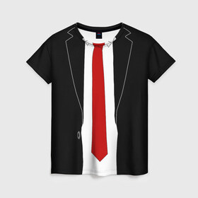 Женская футболка 3D с принтом КОСТЮМ АГЕНТА 47 в Санкт-Петербурге, 100% полиэфир ( синтетическое хлопкоподобное полотно) | прямой крой, круглый вырез горловины, длина до линии бедер | agent 47 | галстук | пиджак | хитман