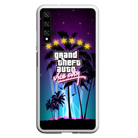 Чехол для Honor 20 с принтом GTA Vice City в Санкт-Петербурге, Силикон | Область печати: задняя сторона чехла, без боковых панелей | Тематика изображения на принте: 5 звезд | auto | grand | gta | theft | vice city |   лето | вай сити | вертолеты | гта | звезды | логотип | надпись | пальмы | пляжная | рисунок | розыск | рубашка | томми версетти