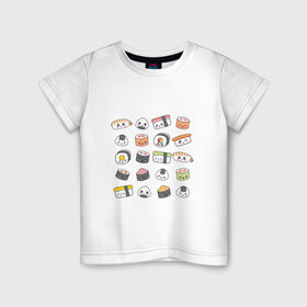 Детская футболка хлопок с принтом Sushi в Санкт-Петербурге, 100% хлопок | круглый вырез горловины, полуприлегающий силуэт, длина до линии бедер | Тематика изображения на принте: anime | fastfood | food | japan | roll | sushi | susi | аниме | роллы | суши | фастфуд | япония