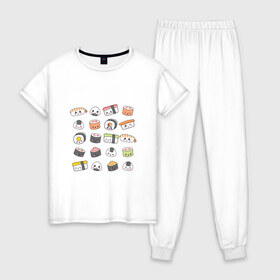 Женская пижама хлопок с принтом Sushi в Санкт-Петербурге, 100% хлопок | брюки и футболка прямого кроя, без карманов, на брюках мягкая резинка на поясе и по низу штанин | Тематика изображения на принте: anime | fastfood | food | japan | roll | sushi | susi | аниме | роллы | суши | фастфуд | япония