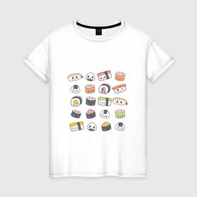 Женская футболка хлопок с принтом Sushi в Санкт-Петербурге, 100% хлопок | прямой крой, круглый вырез горловины, длина до линии бедер, слегка спущенное плечо | anime | fastfood | food | japan | roll | sushi | susi | аниме | роллы | суши | фастфуд | япония