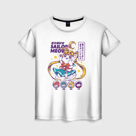 Женская футболка 3D с принтом Sailor Meow в Санкт-Петербурге, 100% полиэфир ( синтетическое хлопкоподобное полотно) | прямой крой, круглый вырез горловины, длина до линии бедер | anime | cat | kawaii | sailor moon | аниме | каваи | кот котик | мультсериал | ностальгия | ретро | сейлор мун