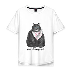 Мужская футболка хлопок Oversize с принтом Есть покушать? в Санкт-Петербурге, 100% хлопок | свободный крой, круглый ворот, “спинка” длиннее передней части | Тематика изображения на принте: еда | кот | кушать | мем | черешня