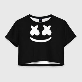 Женская футболка 3D укороченная с принтом Marshmello black в Санкт-Петербурге, 100% полиэстер | круглая горловина, длина футболки до линии талии, рукава с отворотами | dj | dj marshmello | marshmello | клуб | клубная музыка | музыка