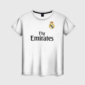 Женская футболка 3D с принтом Modric home 18-19 в Санкт-Петербурге, 100% полиэфир ( синтетическое хлопкоподобное полотно) | прямой крой, круглый вырез горловины, длина до линии бедер | champions | league | madrid | real | spain | испания | лига | мадрид | реал | чемпионов