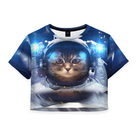 Женская футболка Cropp-top с принтом КОТ АСТРОНАВТ в Санкт-Петербурге, 100% полиэстер | круглая горловина, длина футболки до линии талии, рукава с отворотами | Тематика изображения на принте: astronaut | cat | space | животные | космос | кот | кот астронавт