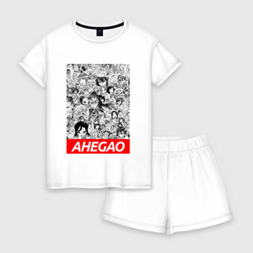 Женская пижама с шортиками хлопок с принтом AHEGAO в Санкт-Петербурге, 100% хлопок | футболка прямого кроя, шорты свободные с широкой мягкой резинкой | ahegao | anime | аниме | ахегао | культура | тренд