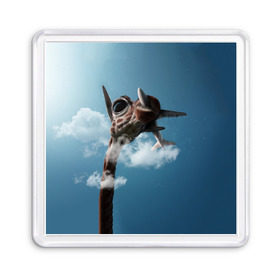 Магнит 55*55 с принтом Жираф и самолет в Санкт-Петербурге, Пластик | Размер: 65*65 мм; Размер печати: 55*55 мм | Тематика изображения на принте: животные | жираф | небо | облака | природа | самолет | солнце | юмор